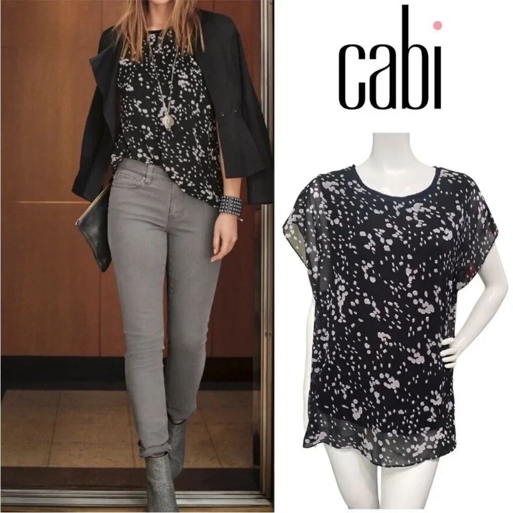 CAbi 3597 Cosmos Night Sky Black Gray Blouse Sheer Chiffon Career Top Sz Small